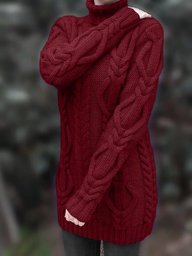 Wendeline | Damen Langer Rollkragenpullover mit Zopfmuster