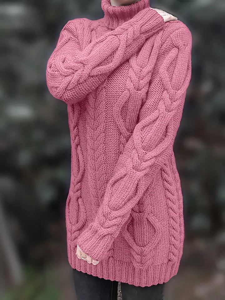 Wendeline | Damen Langer Rollkragenpullover mit Zopfmuster