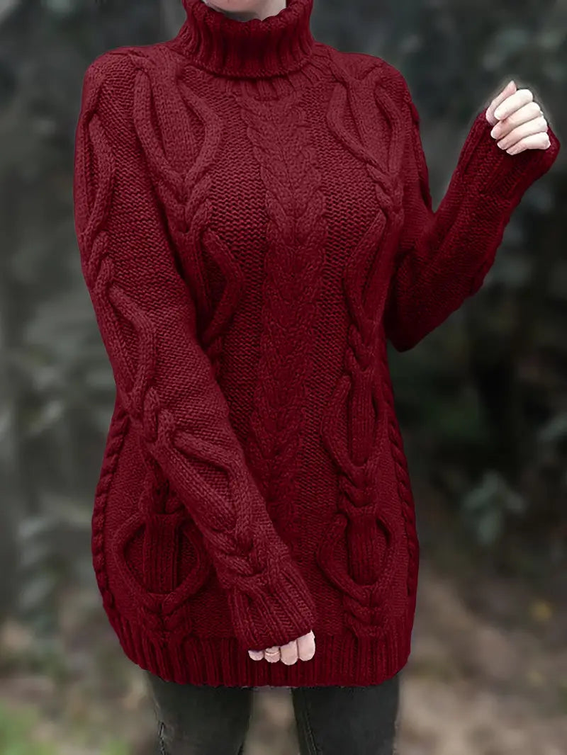 Wendeline | Damen Langer Rollkragenpullover mit Zopfmuster