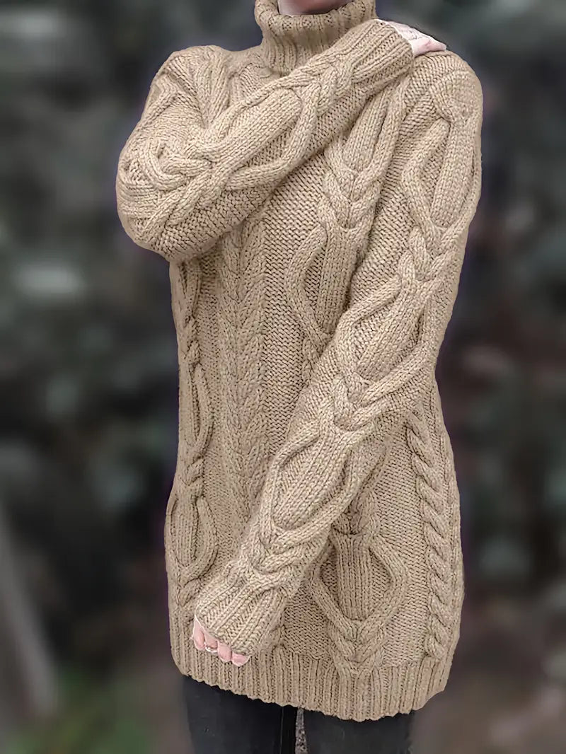 Wendeline | Damen Langer Rollkragenpullover mit Zopfmuster
