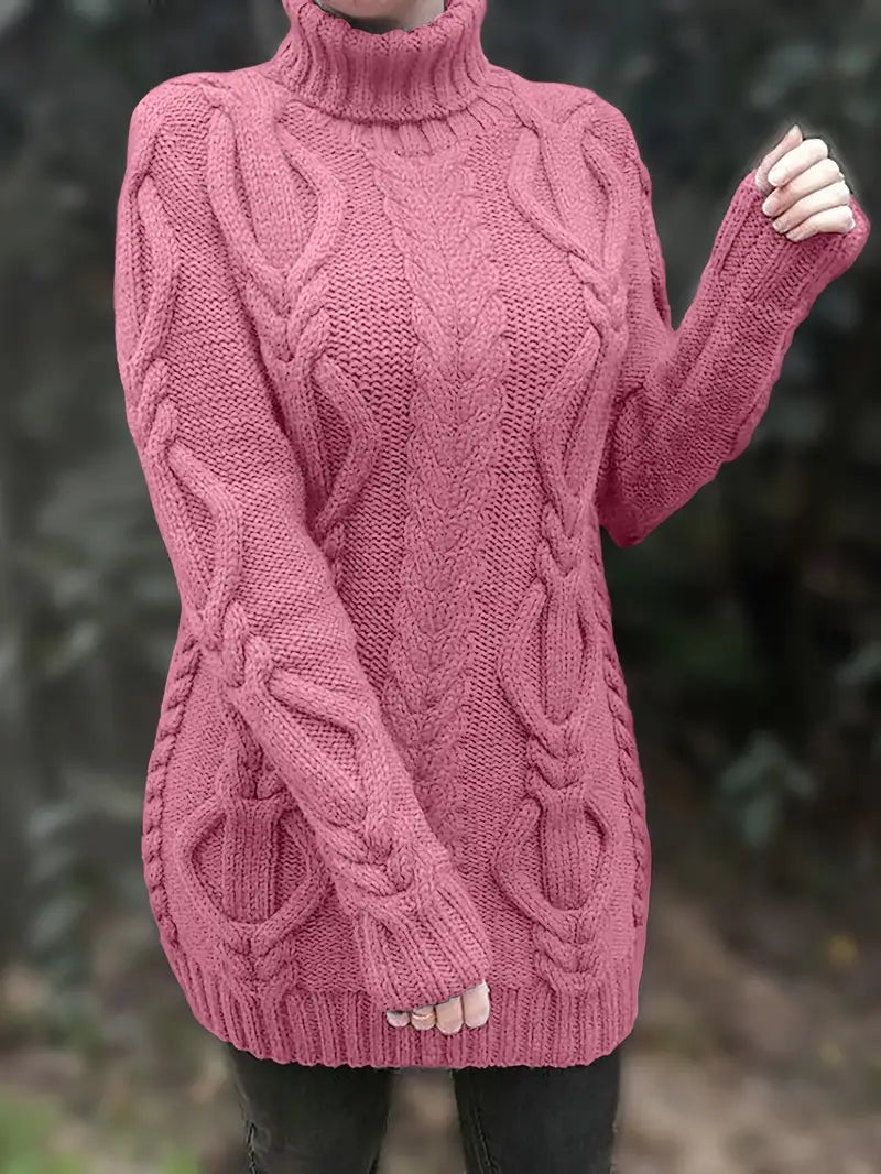 Wendeline | Damen Langer Rollkragenpullover mit Zopfmuster