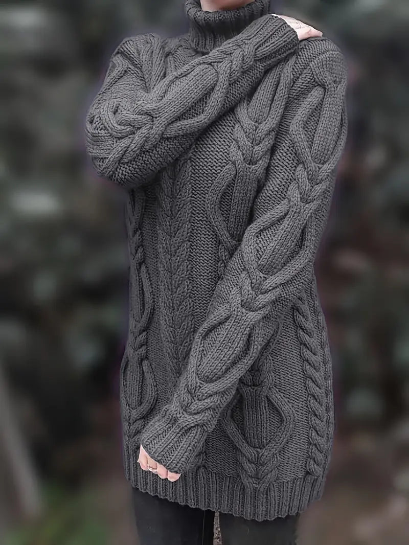Wendeline | Damen Langer Rollkragenpullover mit Zopfmuster