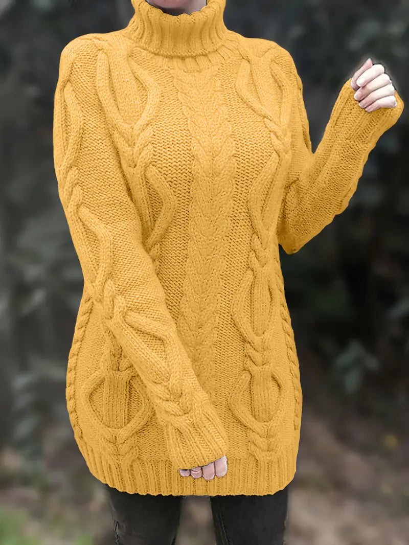 Wendeline | Damen Langer Rollkragenpullover mit Zopfmuster
