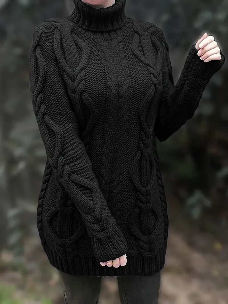 Wendeline | Damen Langer Rollkragenpullover mit Zopfmuster