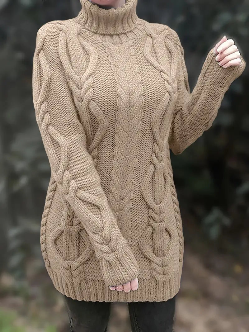 Wendeline | Damen Langer Rollkragenpullover mit Zopfmuster