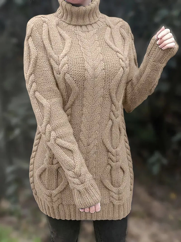 Wendeline | Damen Langer Rollkragenpullover mit Zopfmuster