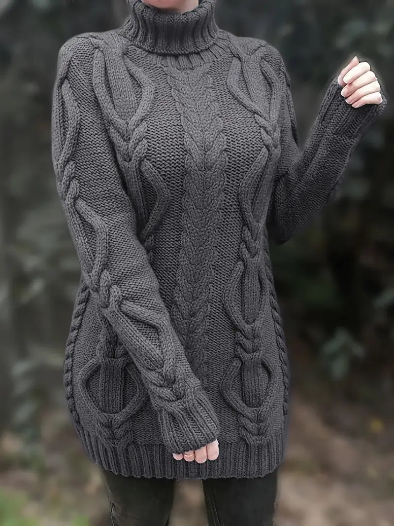 Wendeline | Damen Langer Rollkragenpullover mit Zopfmuster