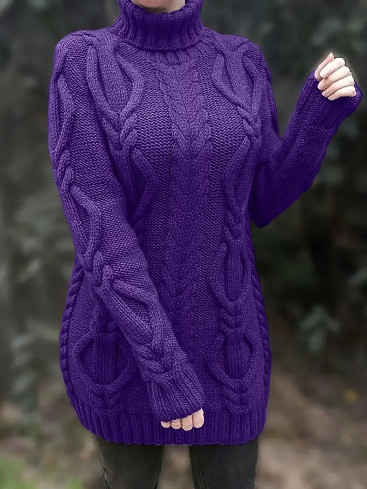 Wendeline | Damen Langer Rollkragenpullover mit Zopfmuster