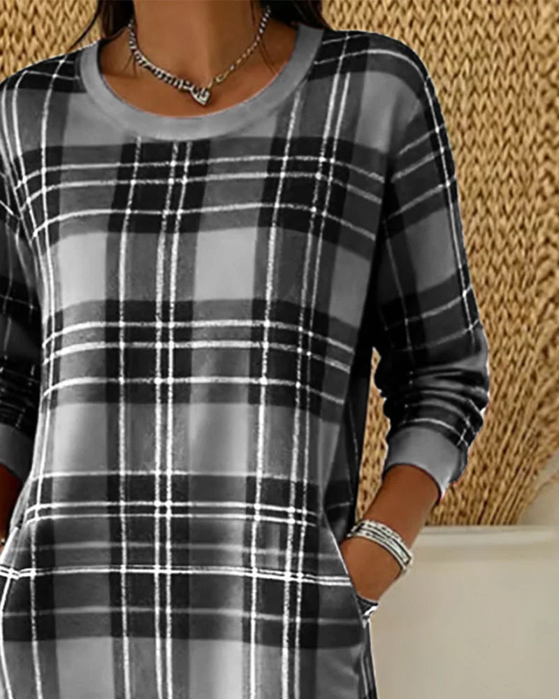 Wibeke | Damen Langarm Strickkleid im Karomuster