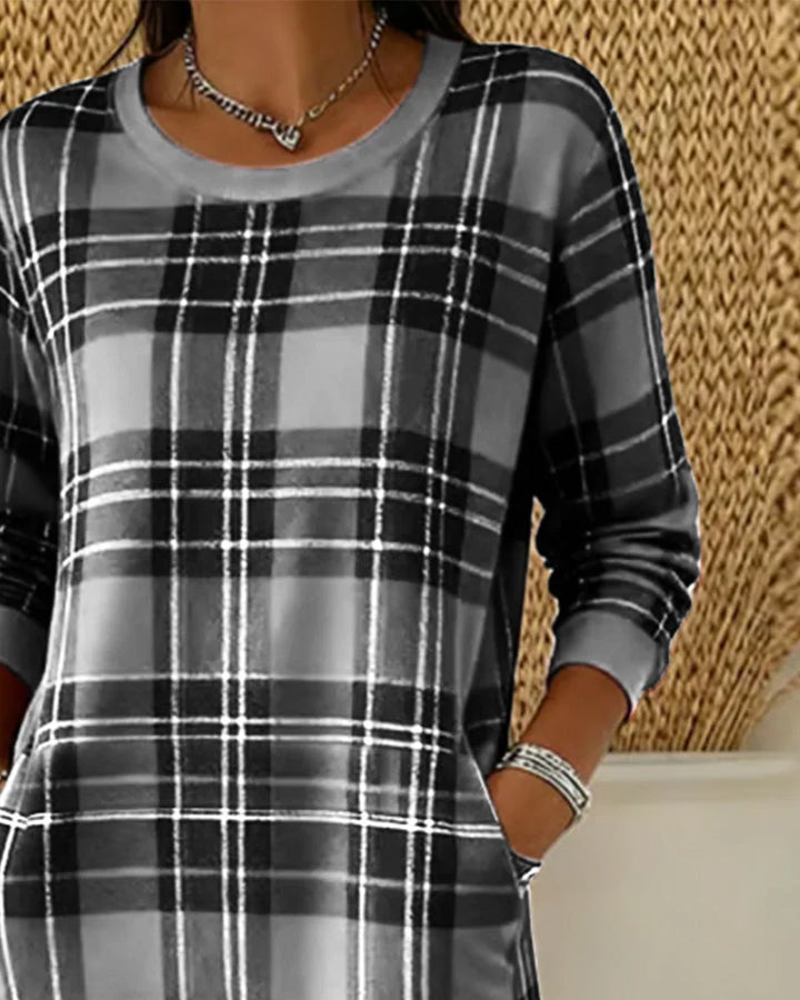 Wibeke | Damen Langarm Strickkleid im Karomuster
