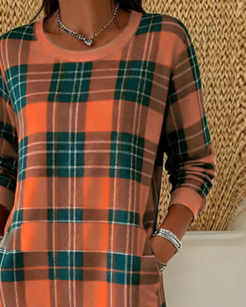 Wibeke | Damen Langarm Strickkleid im Karomuster