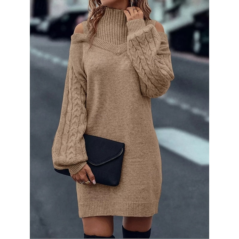 Wulfheda | Damen Rollkragen Strickkleid mit Cold-Shoulder