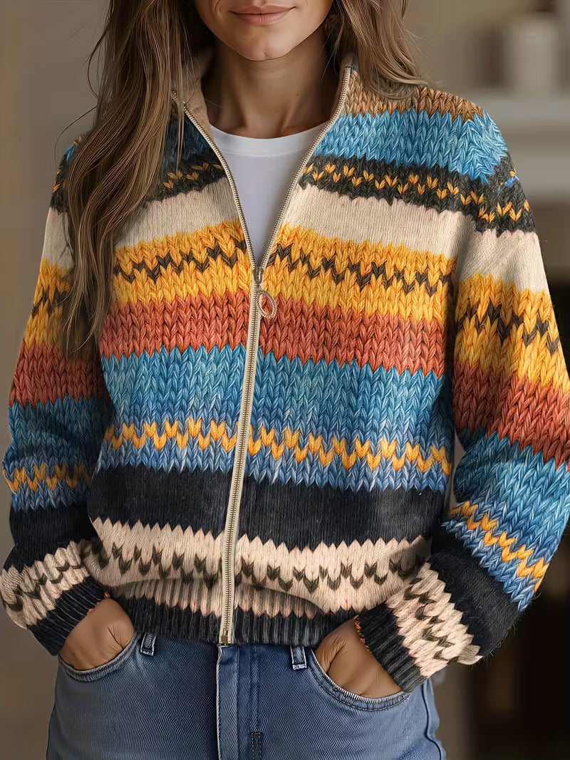 Zelvira | Buntgestreifte Damen-Strickjacke mit Reißverschluss