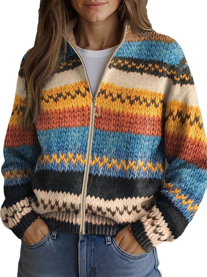 Zelvira | Buntgestreifte Damen-Strickjacke mit Reißverschluss